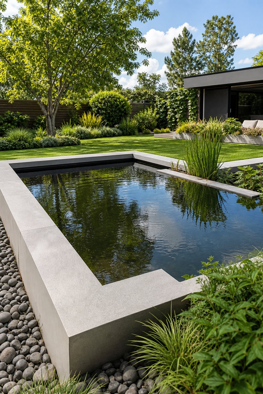 A large geometric backyard pond with concrete edges surrounded by green grass and plants under natural daylight.