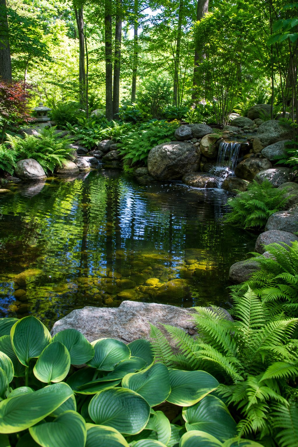 A large backyard pond surrounded by green ferns, hosta plants, and natural rocks under shaded trees.