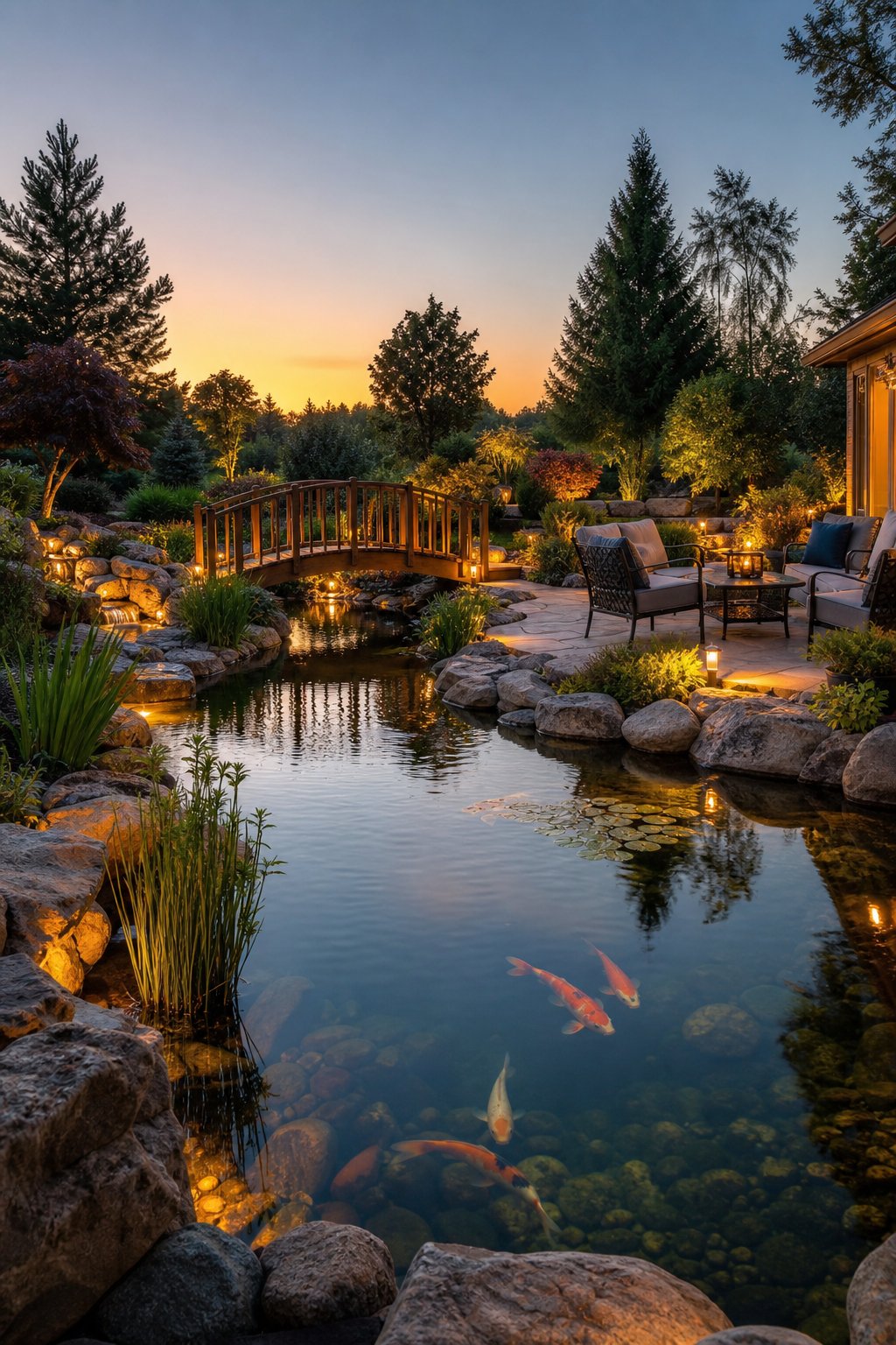 A large backyard pond with lighting, a wooden bridge over the water, and a patio seating area surrounded by greenery.