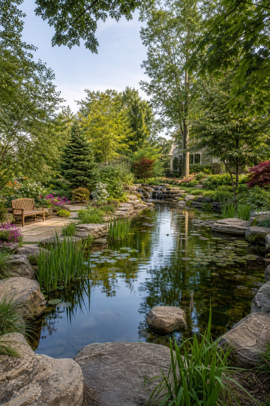 A large backyard pond surrounded by plants, stones, trees, and a wooden bench under natural daylight.