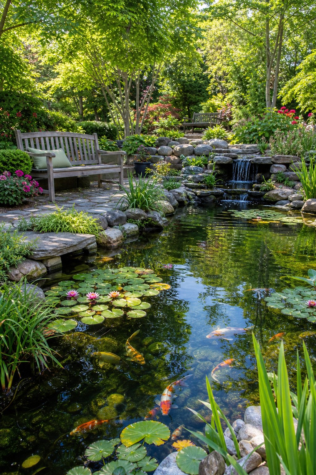 A large backyard pond surrounded by plants, rocks, and garden features in a peaceful outdoor setting.