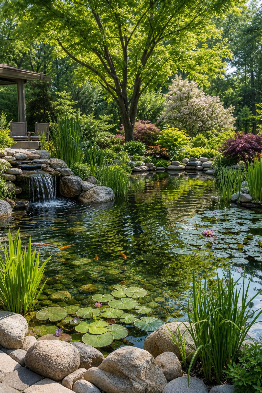A large backyard pond surrounded by plants, stones, and trees with clear water and natural landscaping.