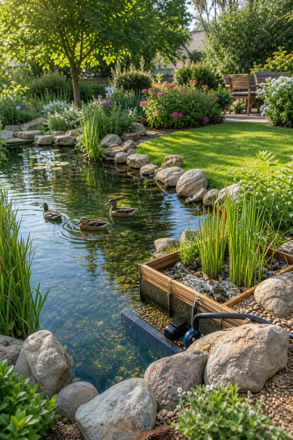 A backyard pond with ducks swimming and a DIY filtration system beside it, surrounded by plants and rocks.