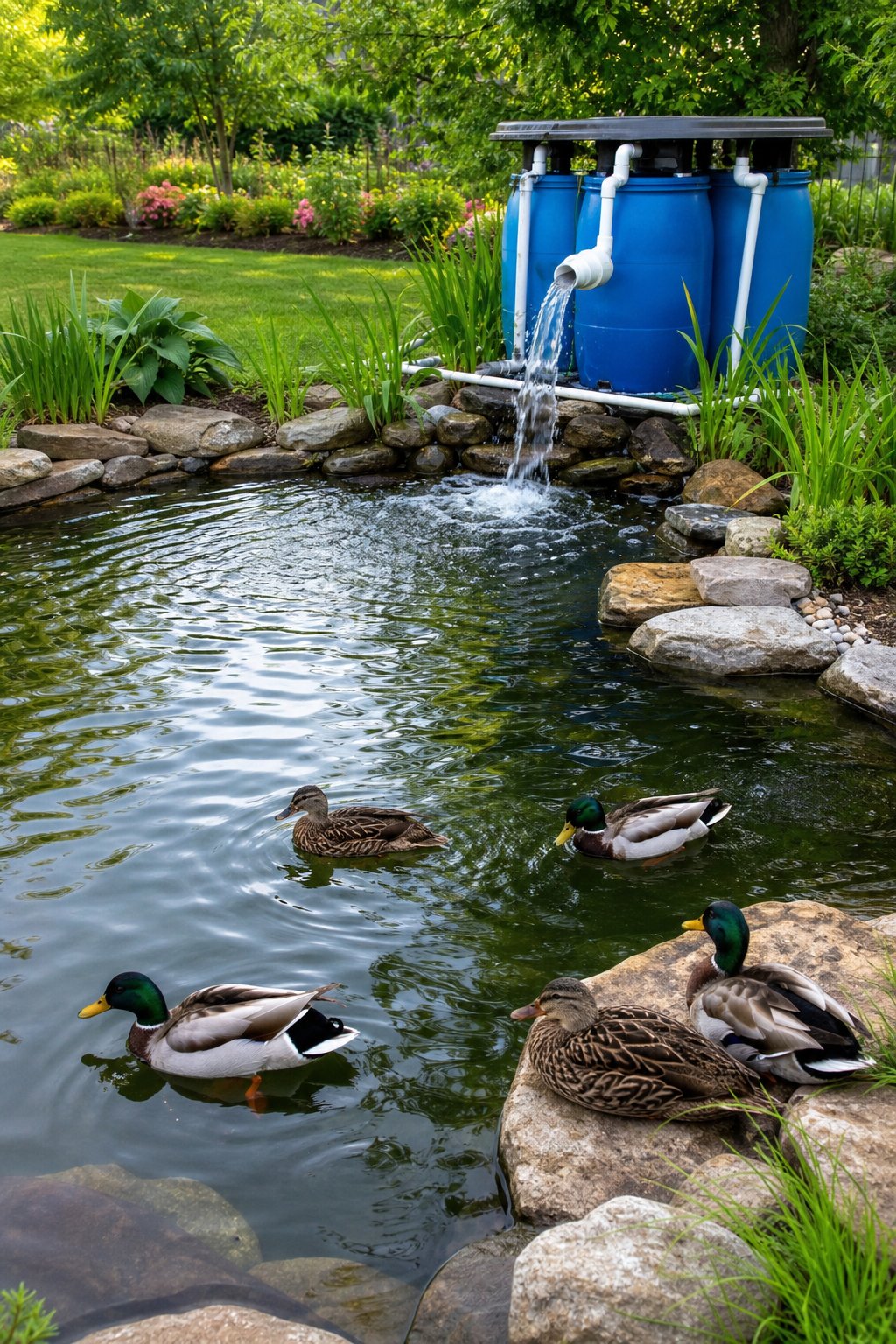 A backyard pond with clear water, green plants, stones, and ducks swimming and resting nearby.