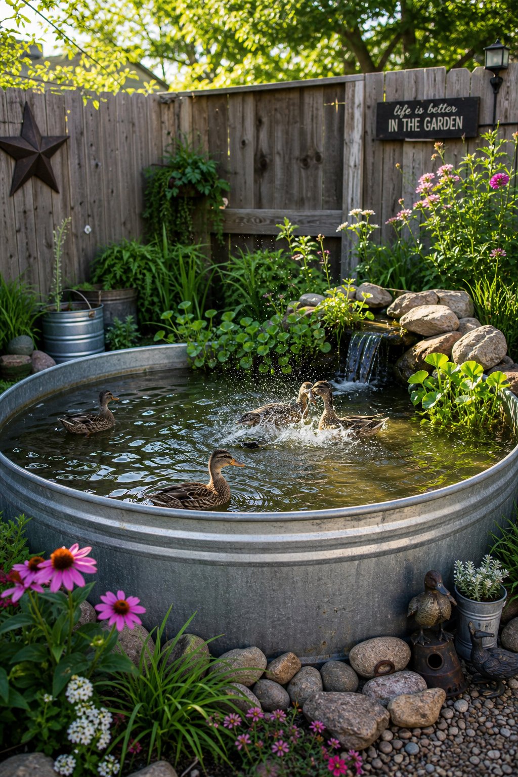 A backyard pond made from a rustic metal stock tank with ducks swimming and splashing in the water surrounded by plants and stones.