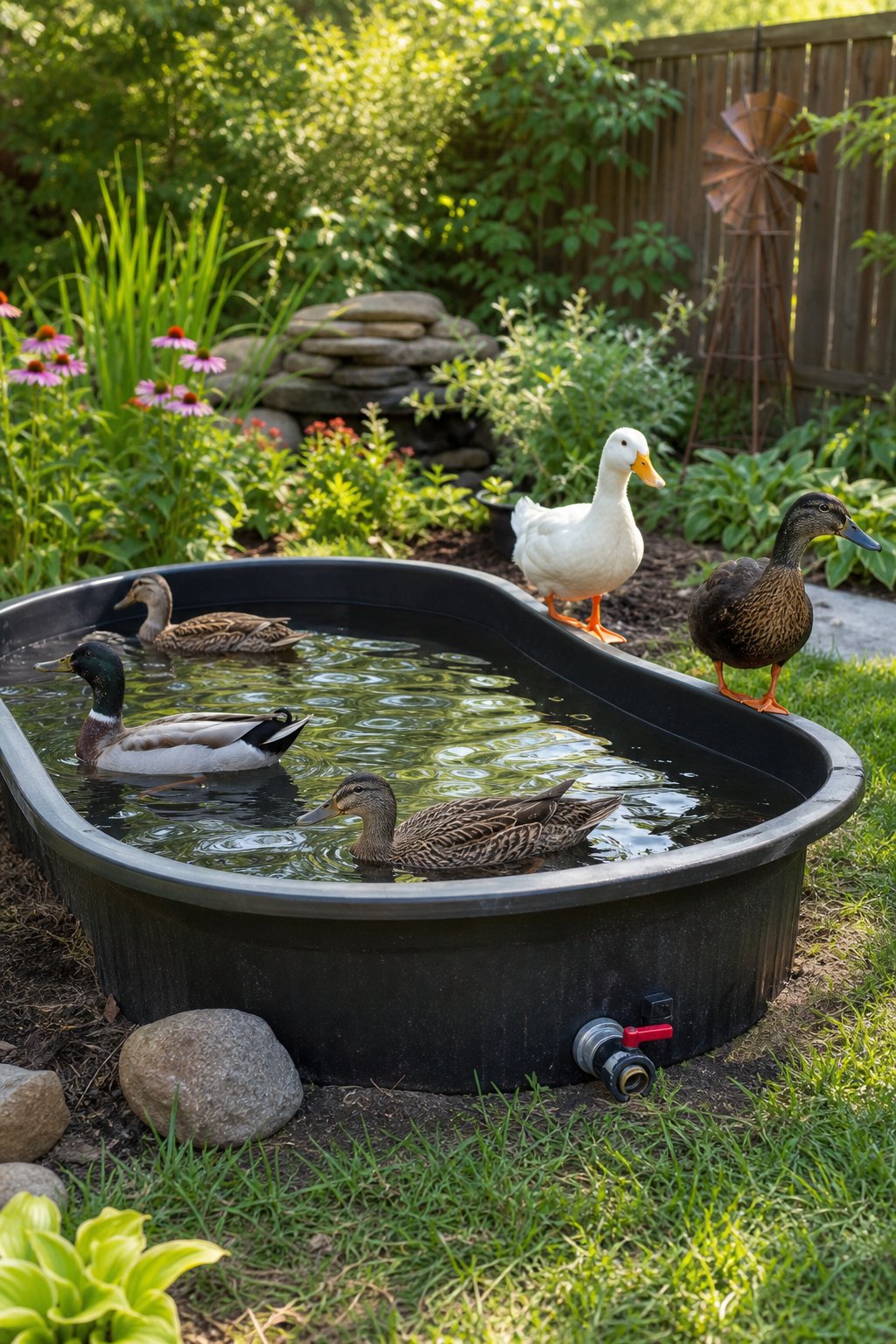 A backyard scene with a small tub liner pond containing ducks and a visible drain valve surrounded by grass and garden plants.