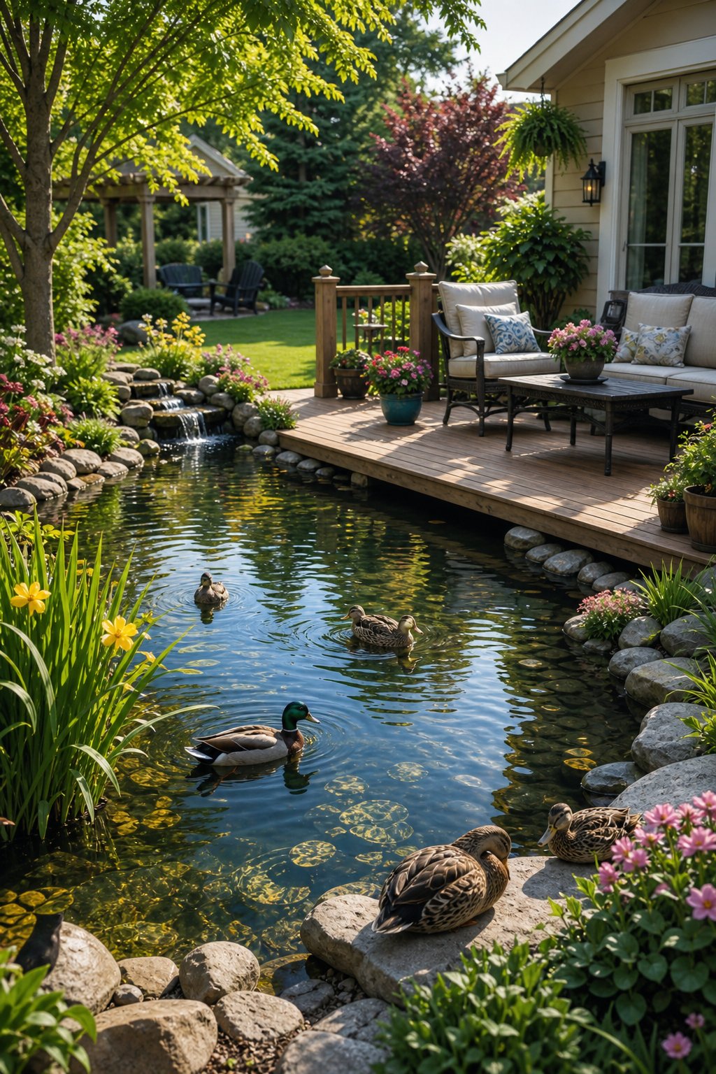 A backyard pond next to a wooden deck with ducks swimming and resting near the water surrounded by plants and greenery.