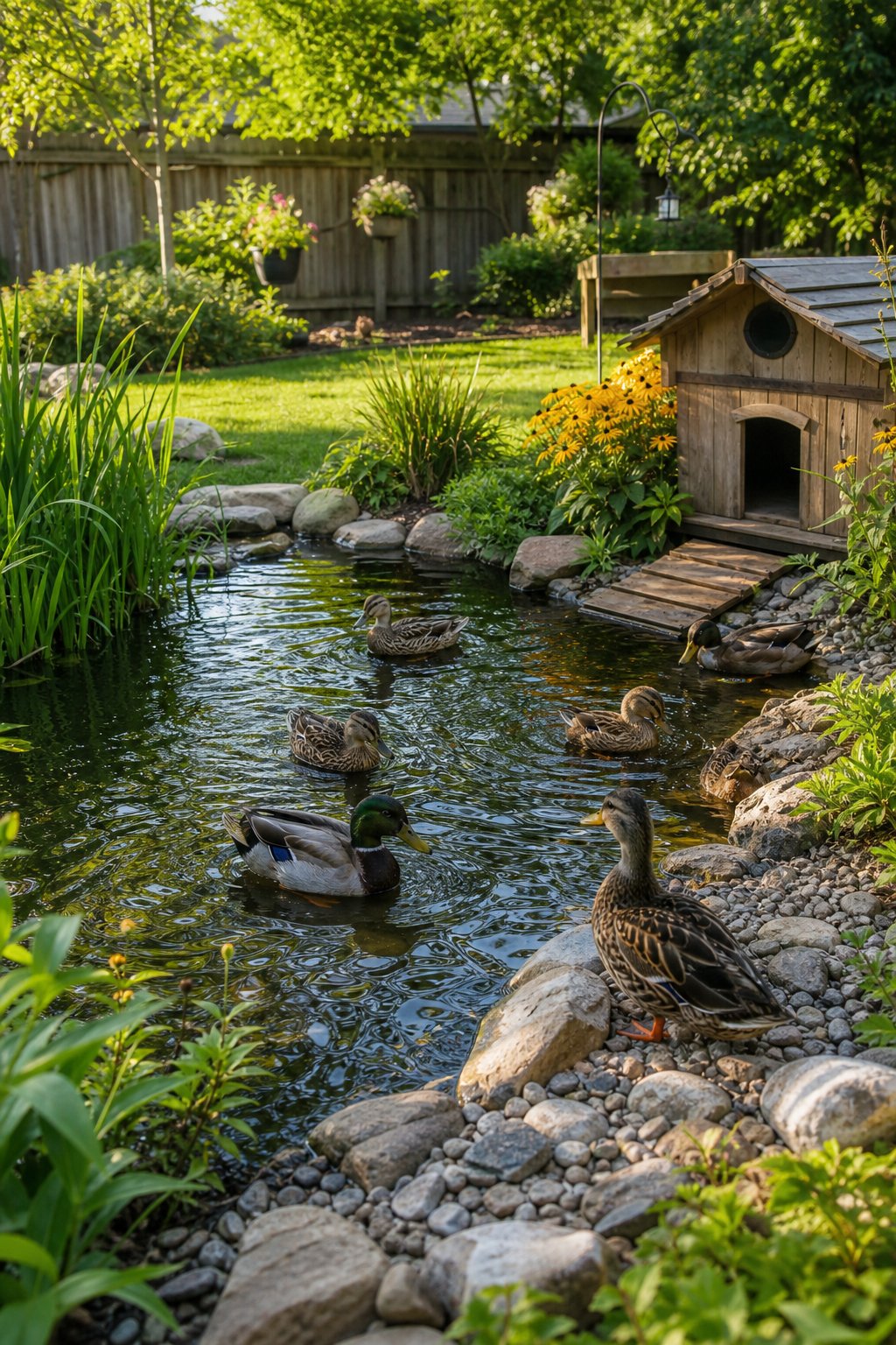A backyard pond with ducks swimming and walking near the water, surrounded by plants and a small wooden shelter.