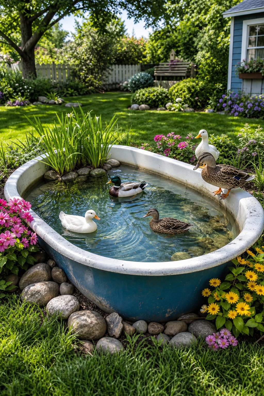 A backyard with an upcycled bathtub filled with water serving as a duck pond, surrounded by grass and plants, with ducks swimming and standing nearby.