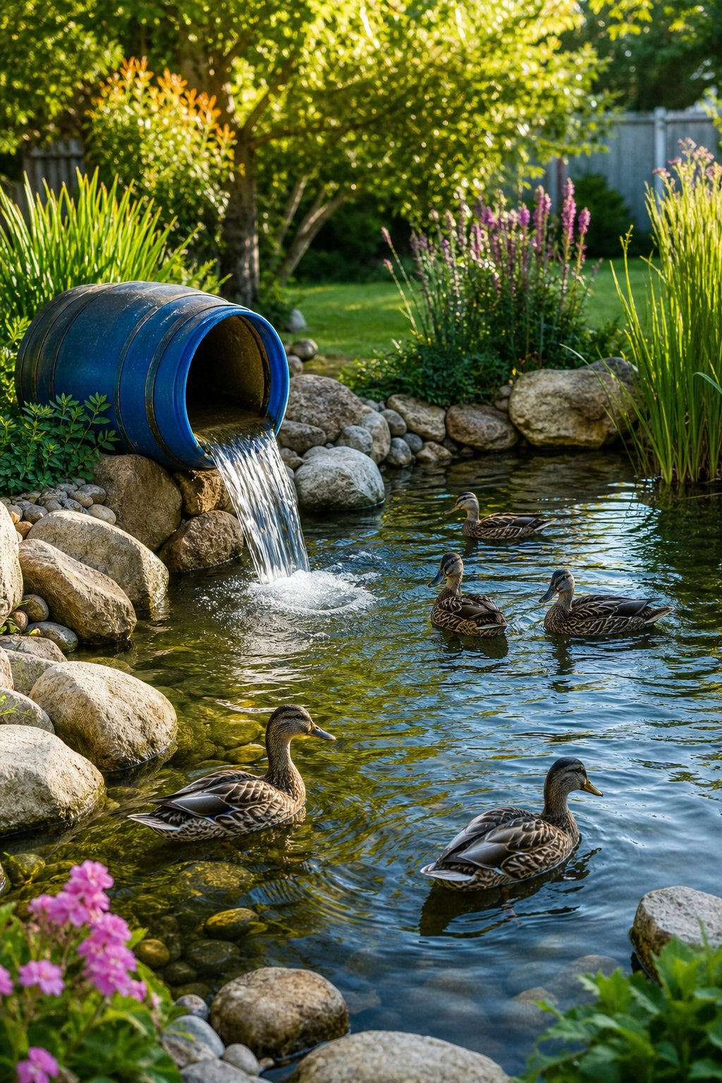A backyard pond with a blue barrel waterfall and ducks swimming in the water surrounded by plants and flowers.