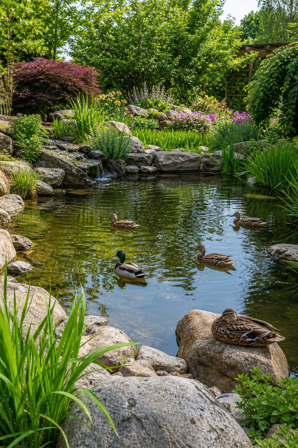 A backyard pond surrounded by rocks with ducks swimming and resting near the water, surrounded by green plants and garden foliage.