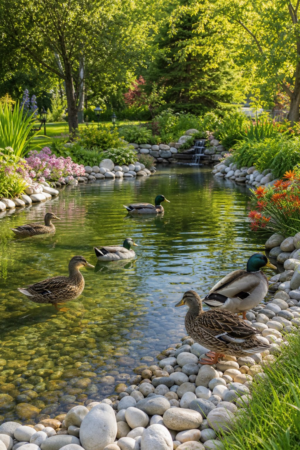 A backyard pond with pebble edges, surrounded by plants and grass, with ducks swimming and resting near the water.