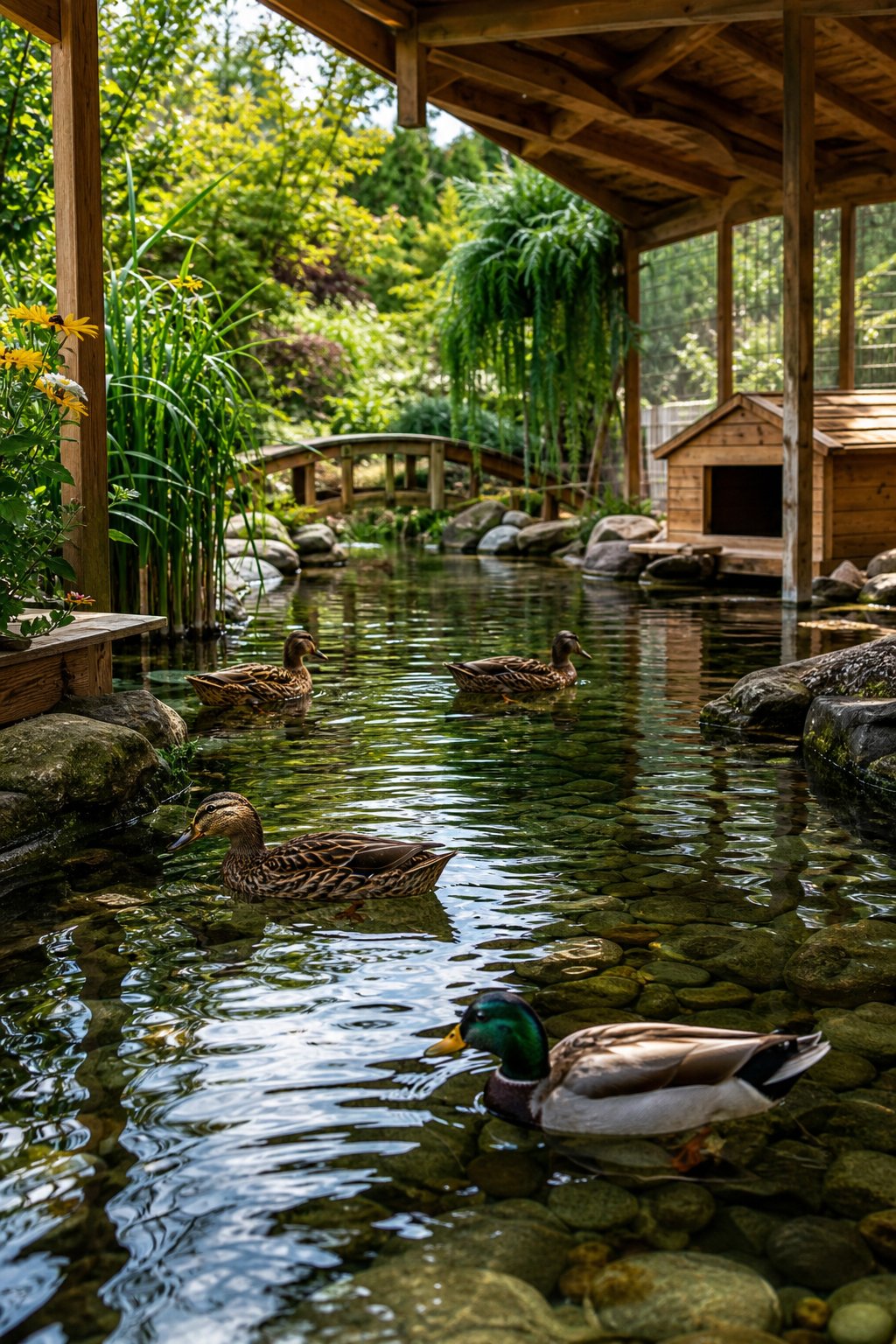 A backyard pond with ducks swimming and resting near the water surrounded by plants and wooden shelters.