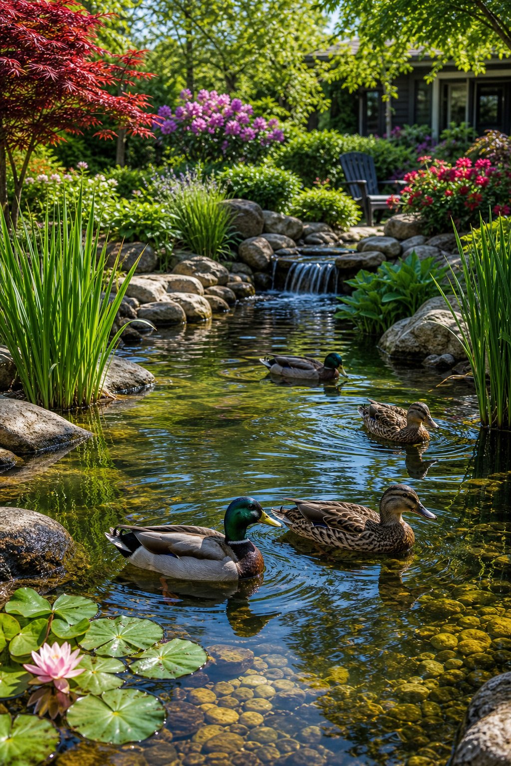 A backyard pond with ducks swimming surrounded by plants and stones under sunlight.
