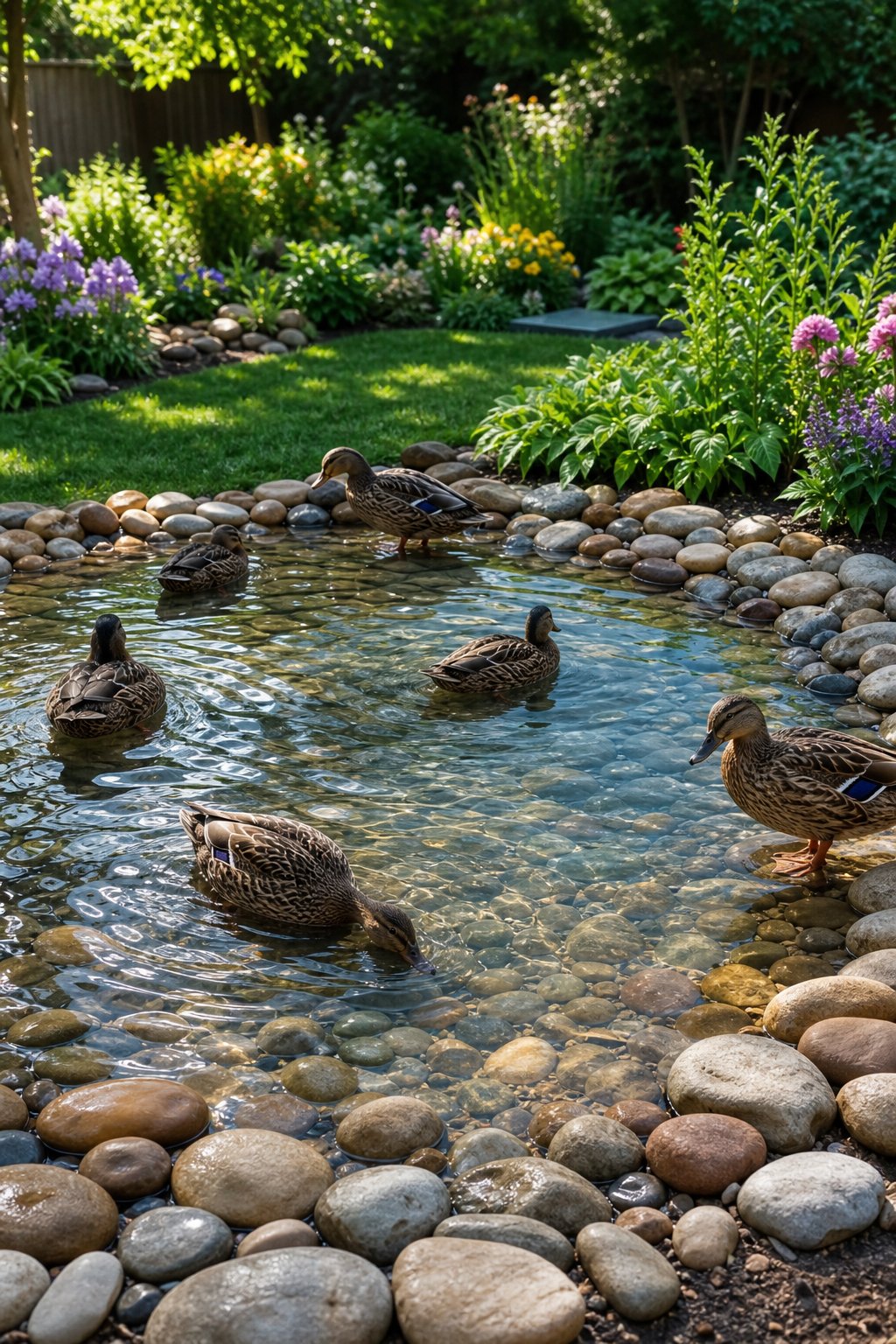 A backyard with a large pebble-lined wading pool where ducks are swimming and standing near the water, surrounded by green grass and garden plants.