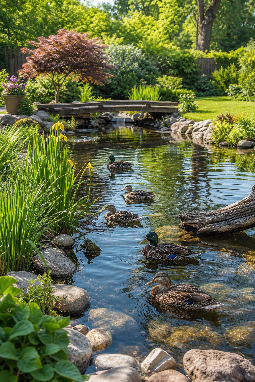 A backyard pond with ducks swimming and resting near the water, surrounded by plants and greenery.
