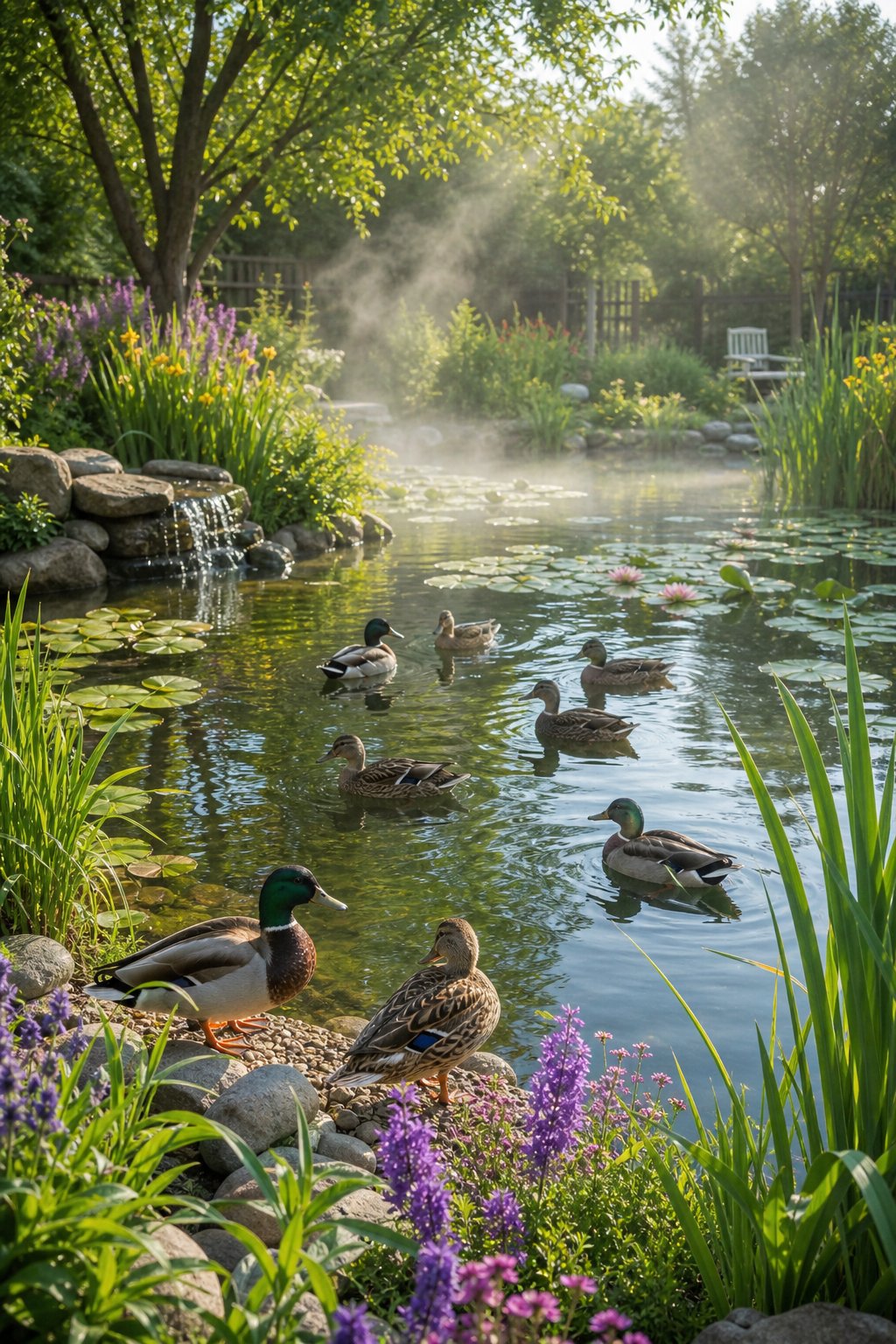 A backyard pond with ducks swimming and resting near plants, surrounded by greenery and soft morning mist.