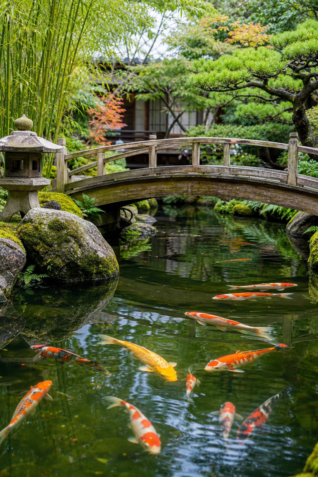 A koi pond in a Japanese backyard with colorful fish swimming beneath an arched wooden bridge surrounded by green plants and rocks.