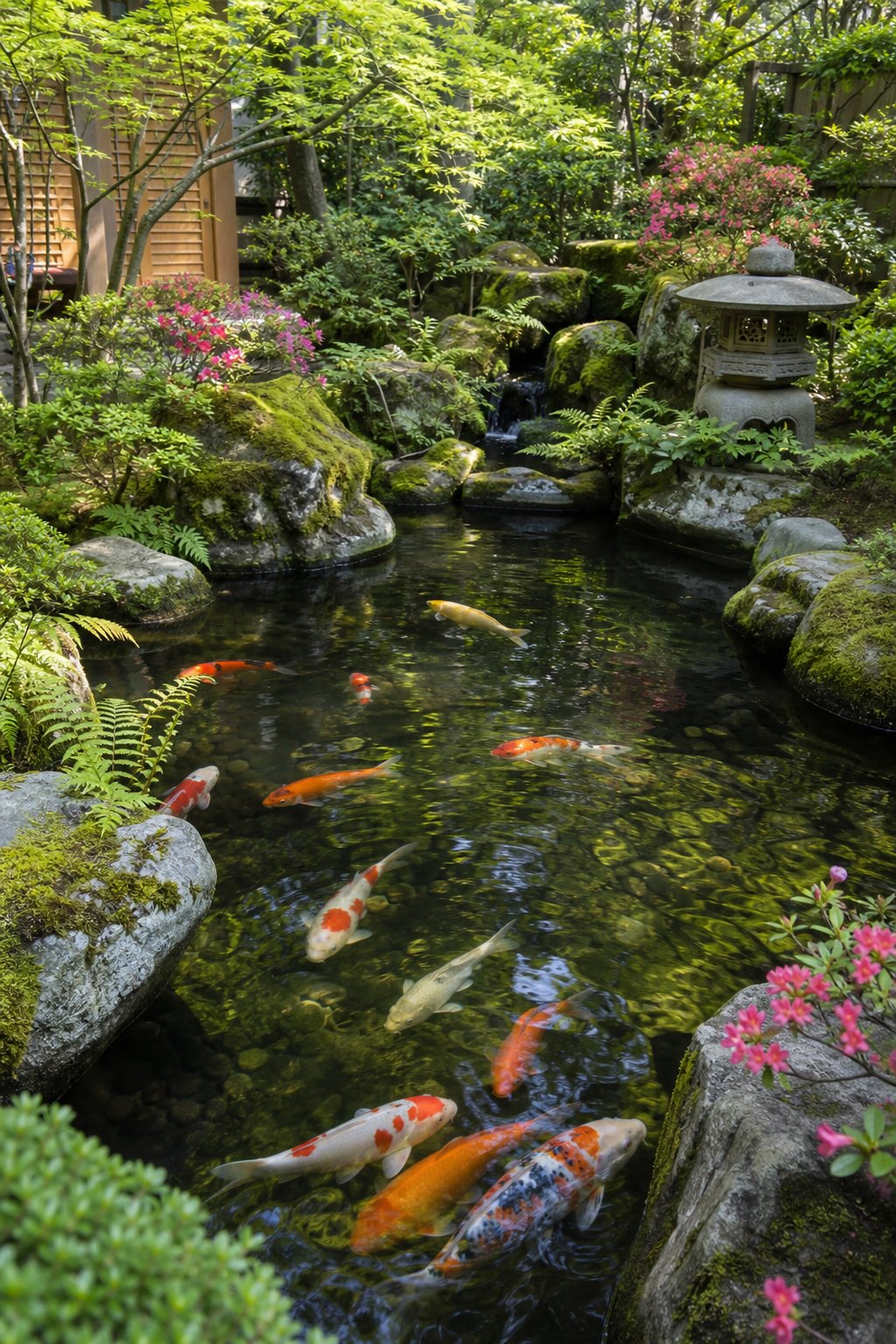 A natural stone-rimmed pond in a Japanese backyard with colorful koi fish swimming and surrounded by green plants and trees.