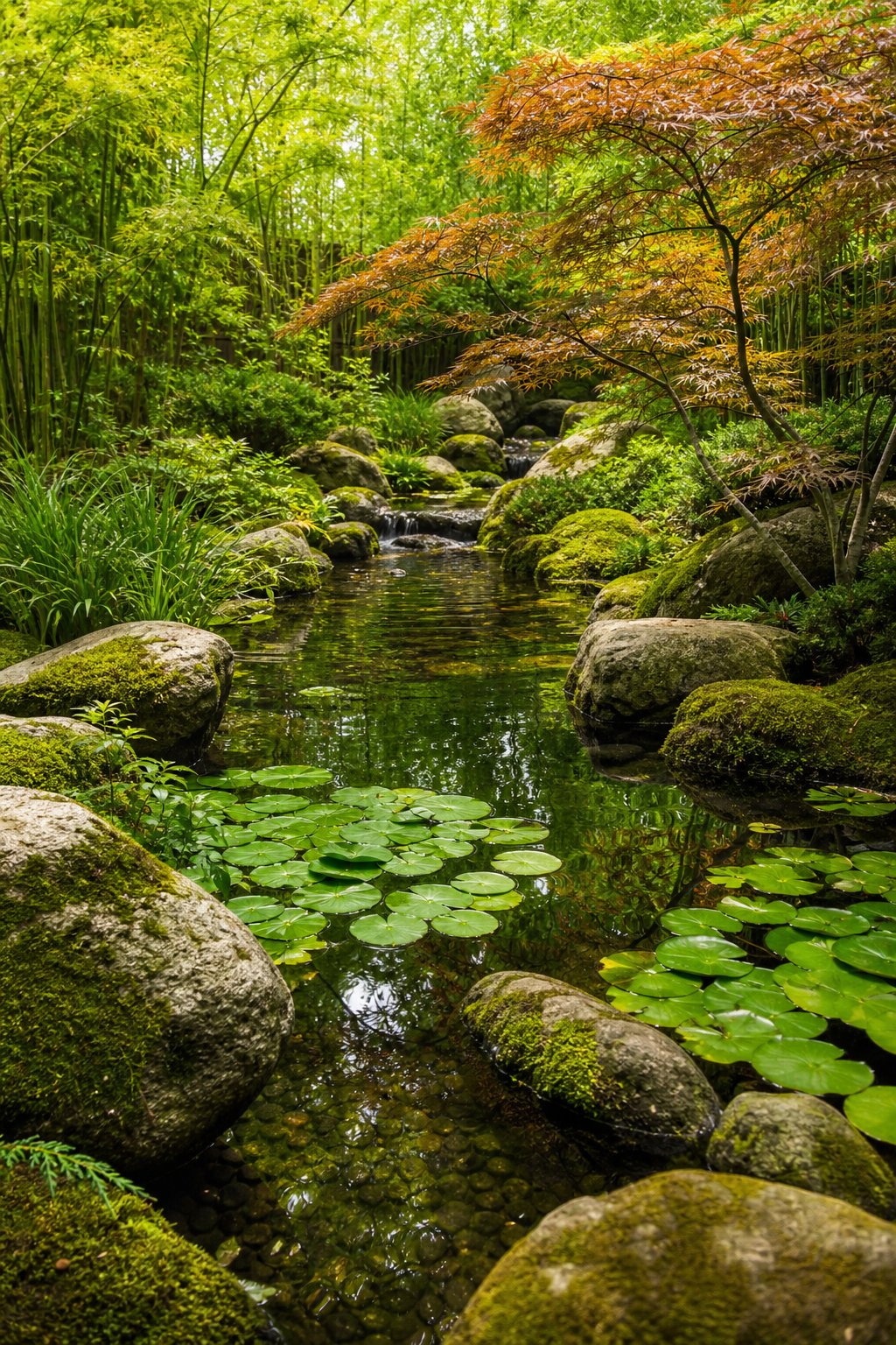 A peaceful Japanese backyard pond with water lilies floating on clear water and moss-covered rocks along the edges, surrounded by green plants.