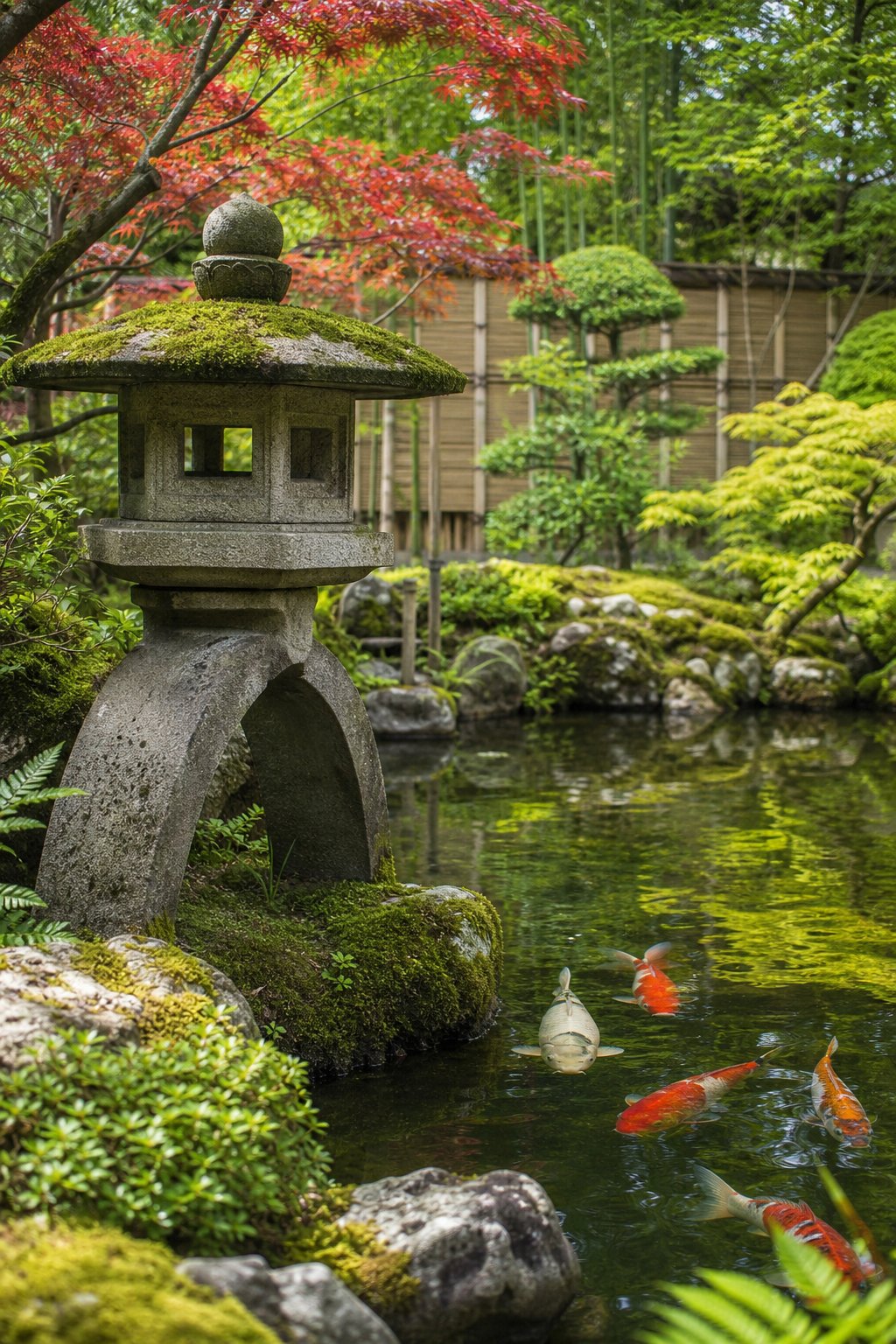 A Japanese backyard pond with a traditional stone lantern, koi fish swimming, and surrounding greenery.