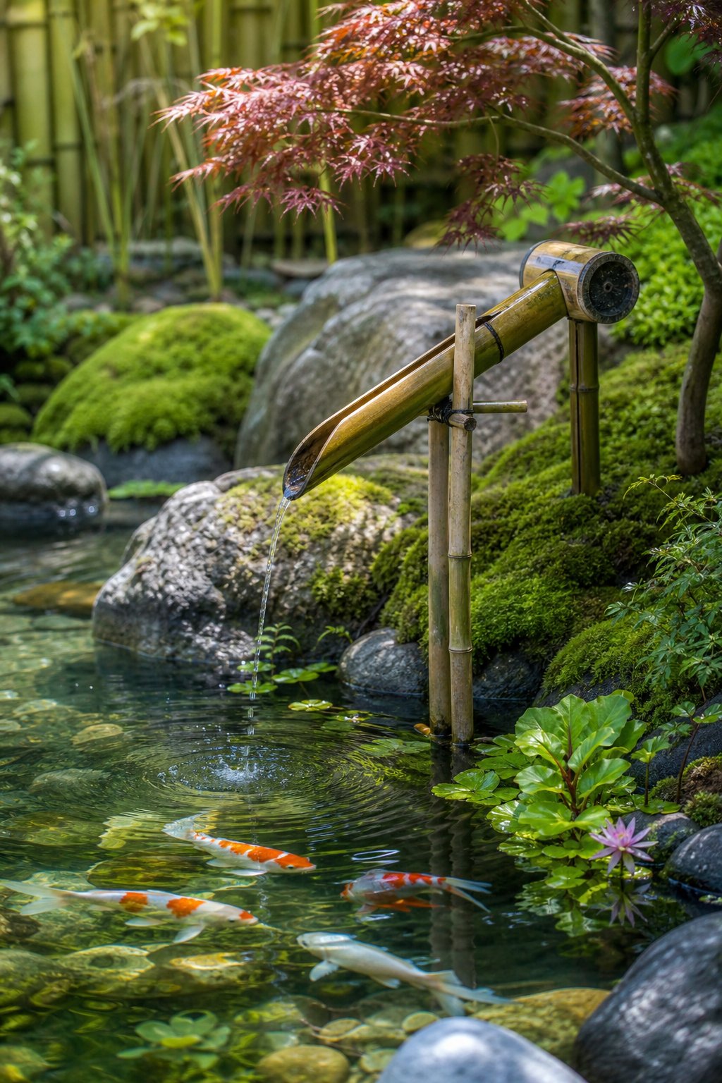 A peaceful Japanese backyard pond with a bamboo water fountain, koi fish swimming, and surrounding greenery.