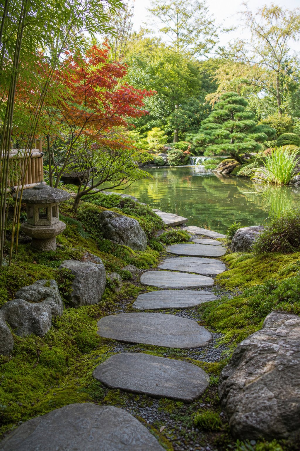 A stepping-stone path leads through greenery to a calm pond surrounded by trees and plants in a Japanese backyard.