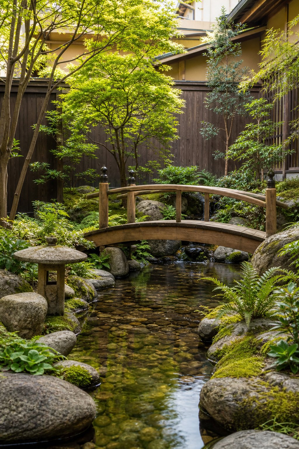 A small wooden footbridge over a clear pond surrounded by green plants and stones in a courtyard garden.