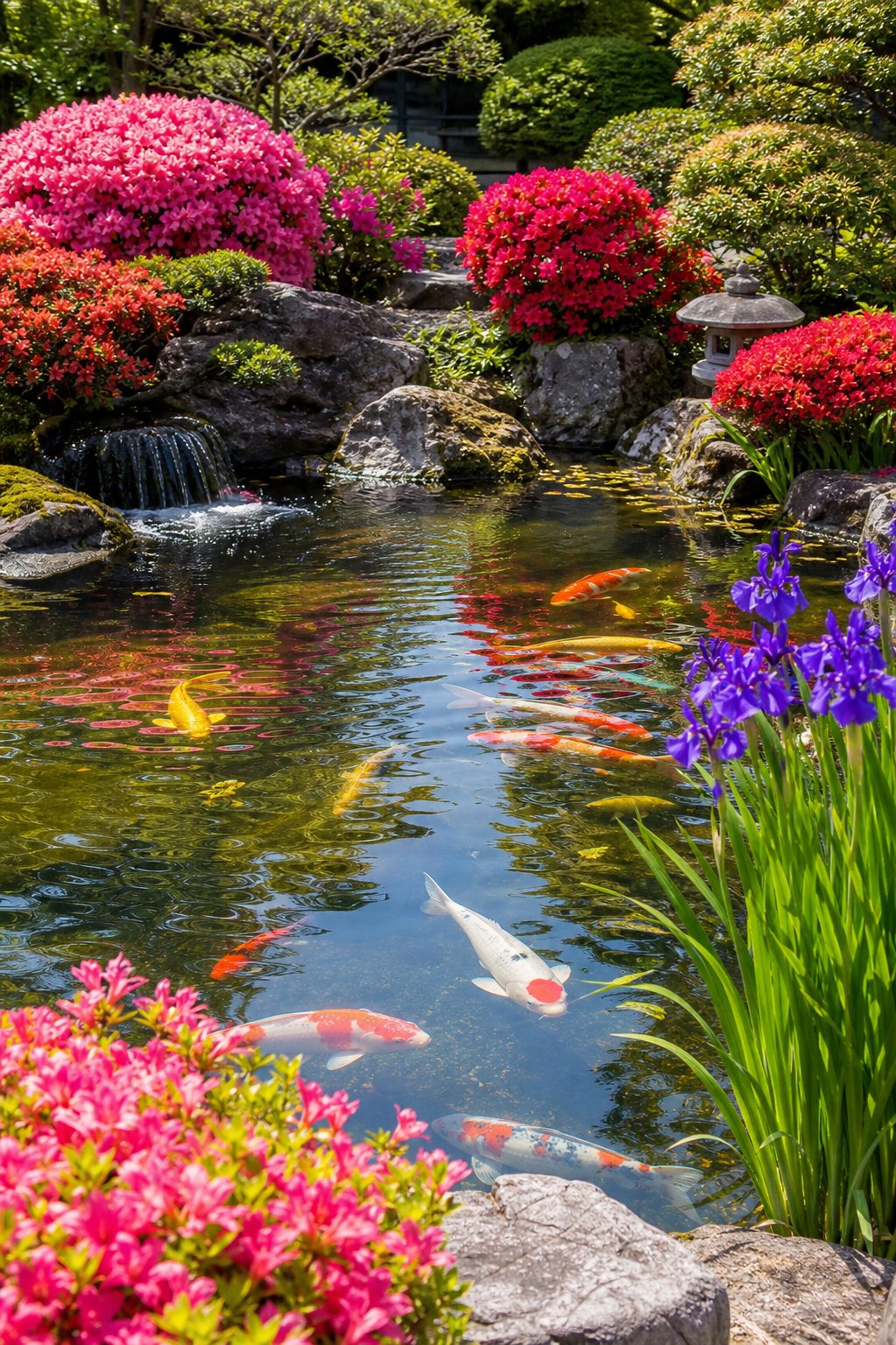 A clear koi pond surrounded by blooming azalea and iris flowers with colorful koi fish swimming in the water.