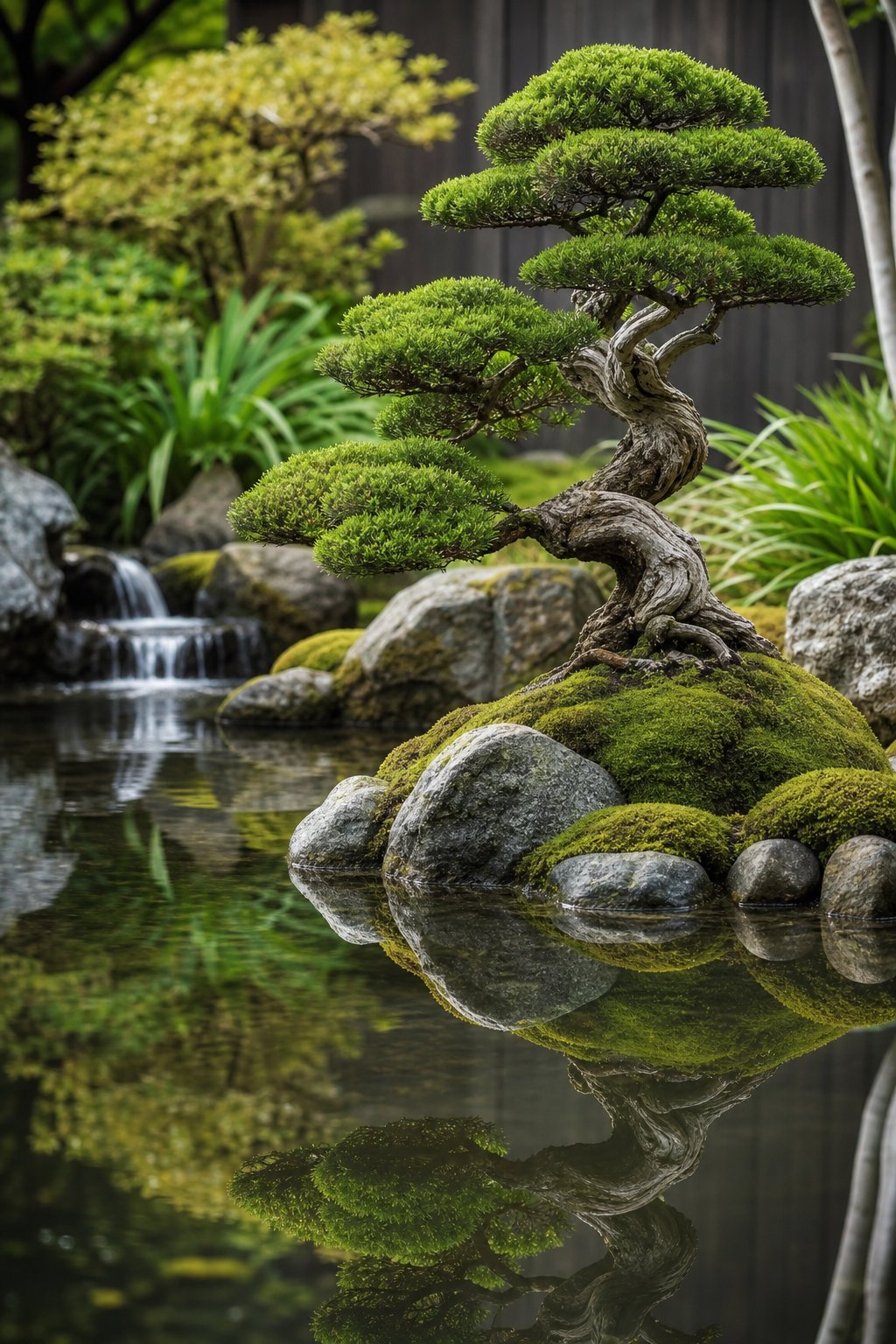 A bonsai tree beside a calm backyard pond with reflections and surrounding greenery.