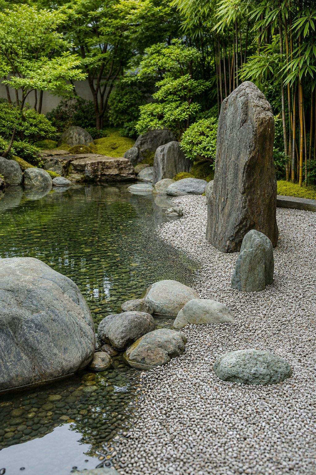 A peaceful backyard pond with clear water, large upright boulders, gravel shore, and surrounding green plants.
