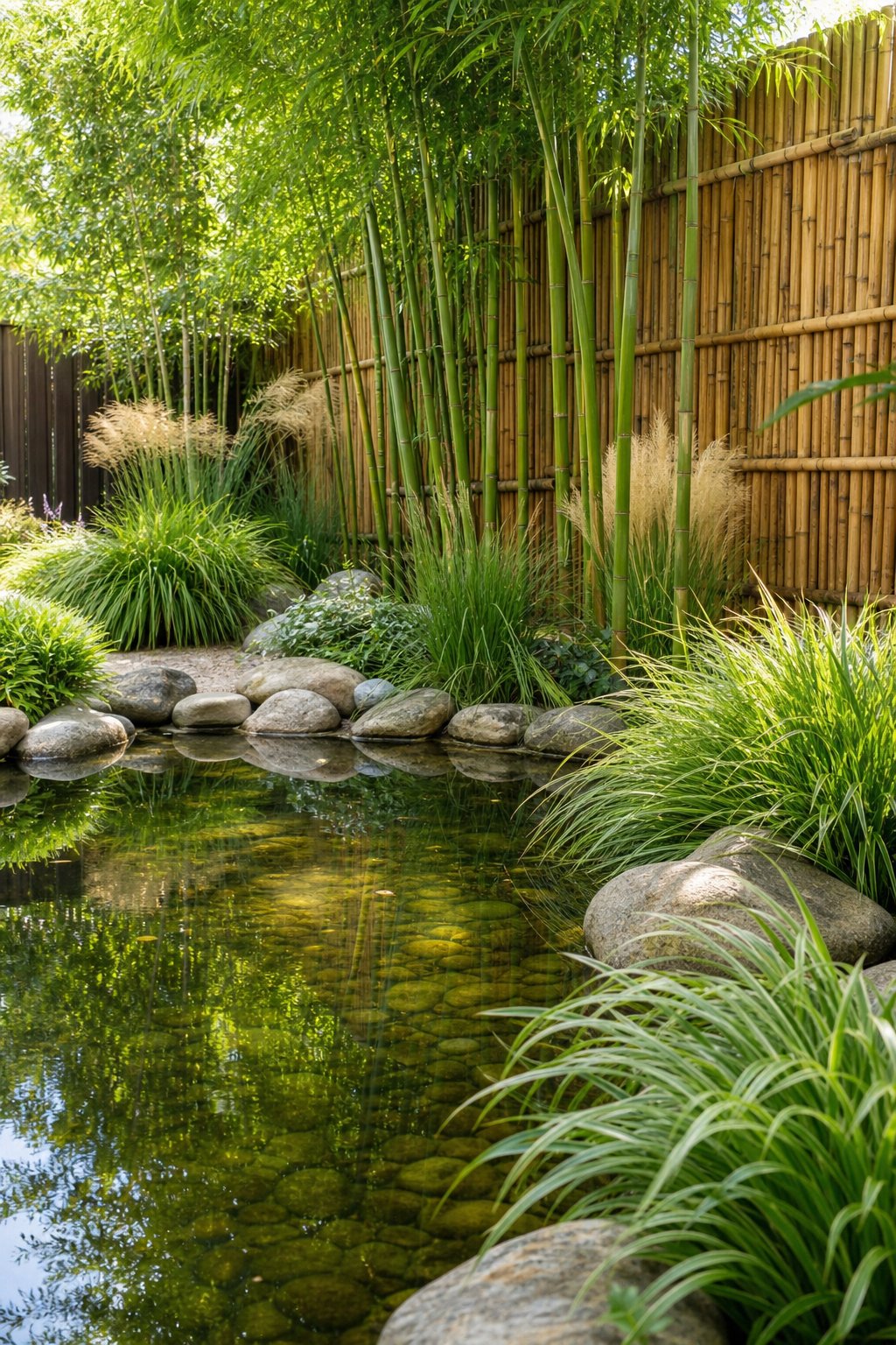 A backyard pond bordered by a bamboo screen and ornamental grasses with clear water and stones around the edge.