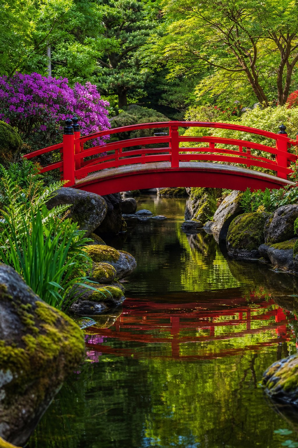 A red arched bridge over a calm garden pond surrounded by green plants and rocks.
