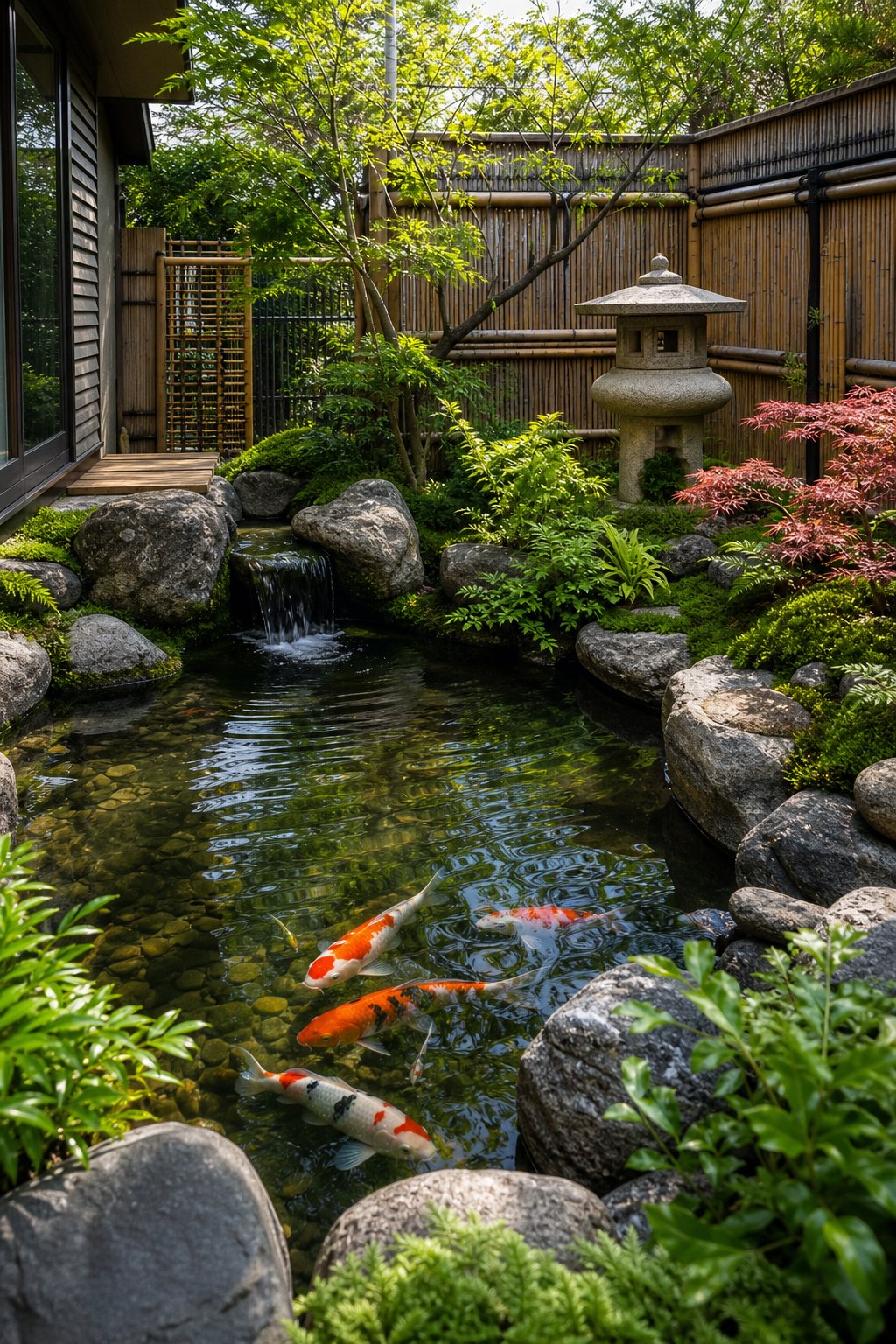 A small front yard Japanese pond bordered with rocks, surrounded by plants and a garden lantern.