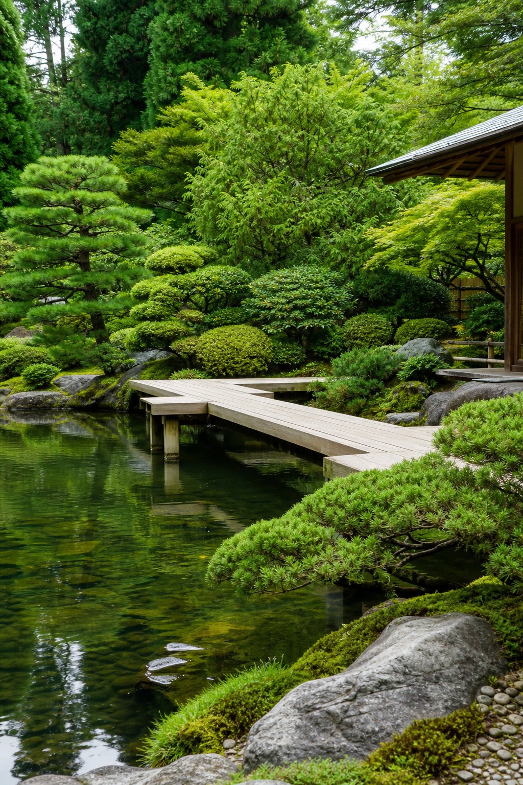 A wooden walkway over a calm pond surrounded by layered evergreen plants in a Japanese backyard garden.