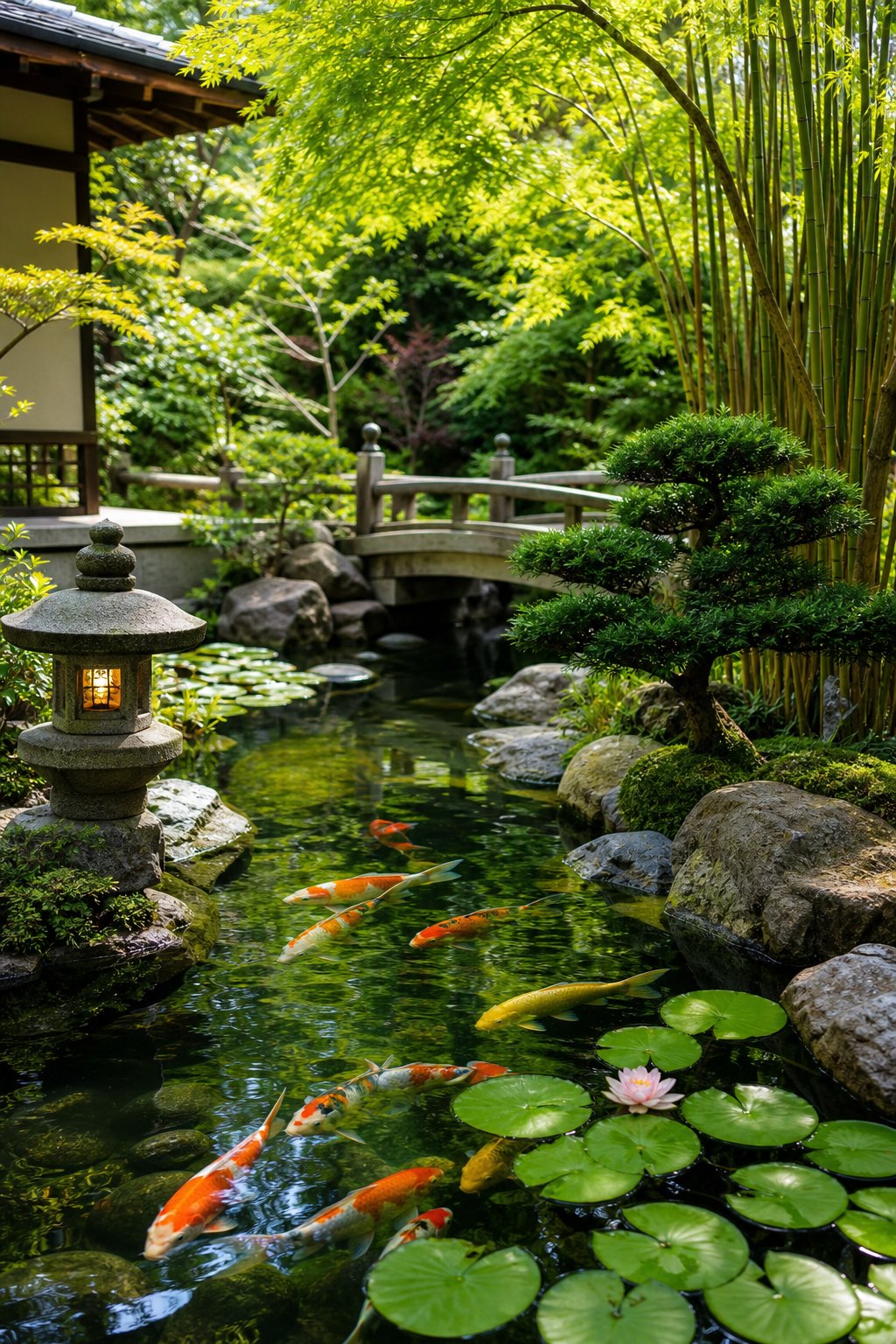 A tranquil backyard pond with clear water, koi fish, stones, water lilies, and surrounding greenery including bonsai trees and bamboo.