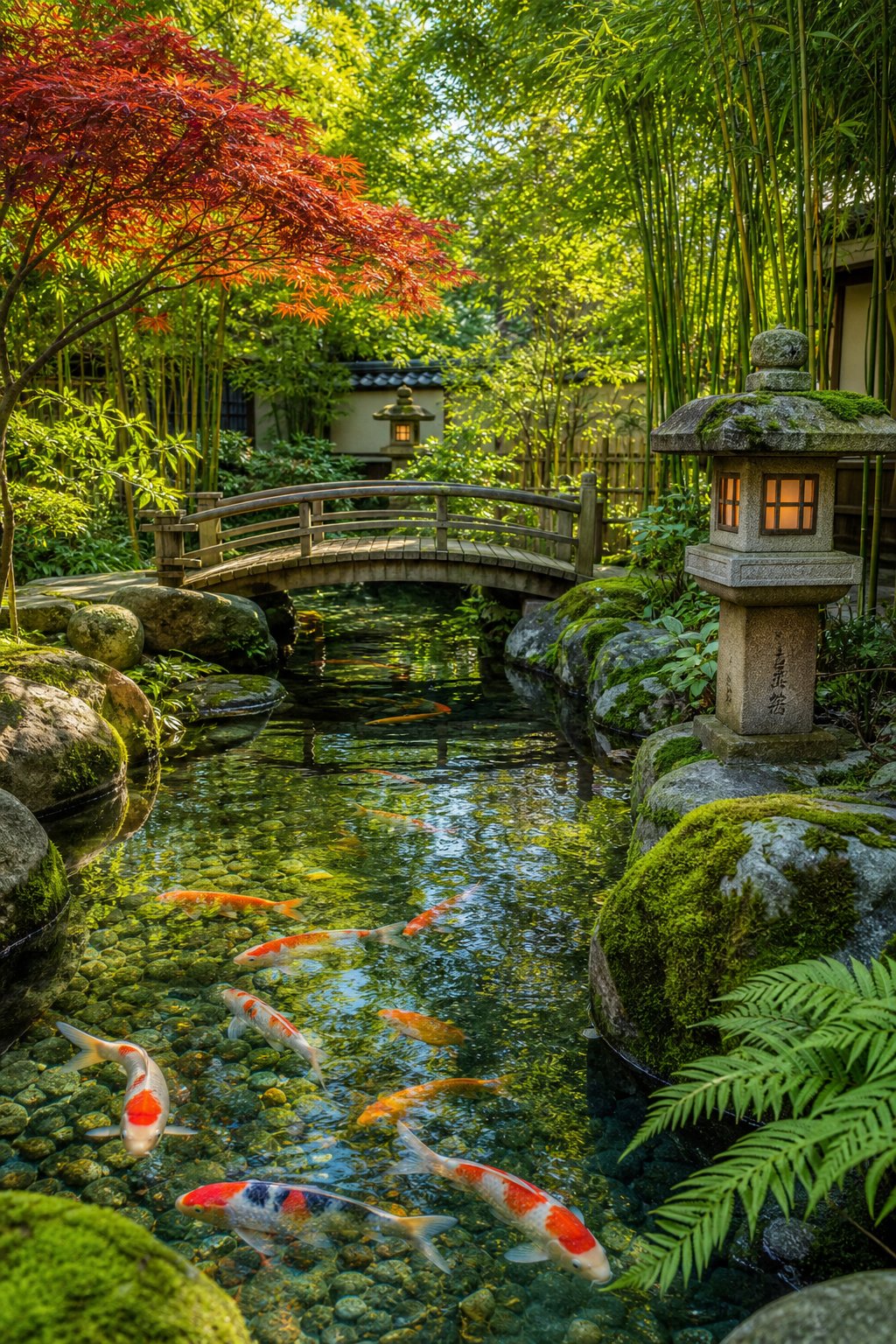 A peaceful Japanese backyard pond with koi fish, rocks, plants, a wooden bridge, and stone lanterns surrounded by greenery.