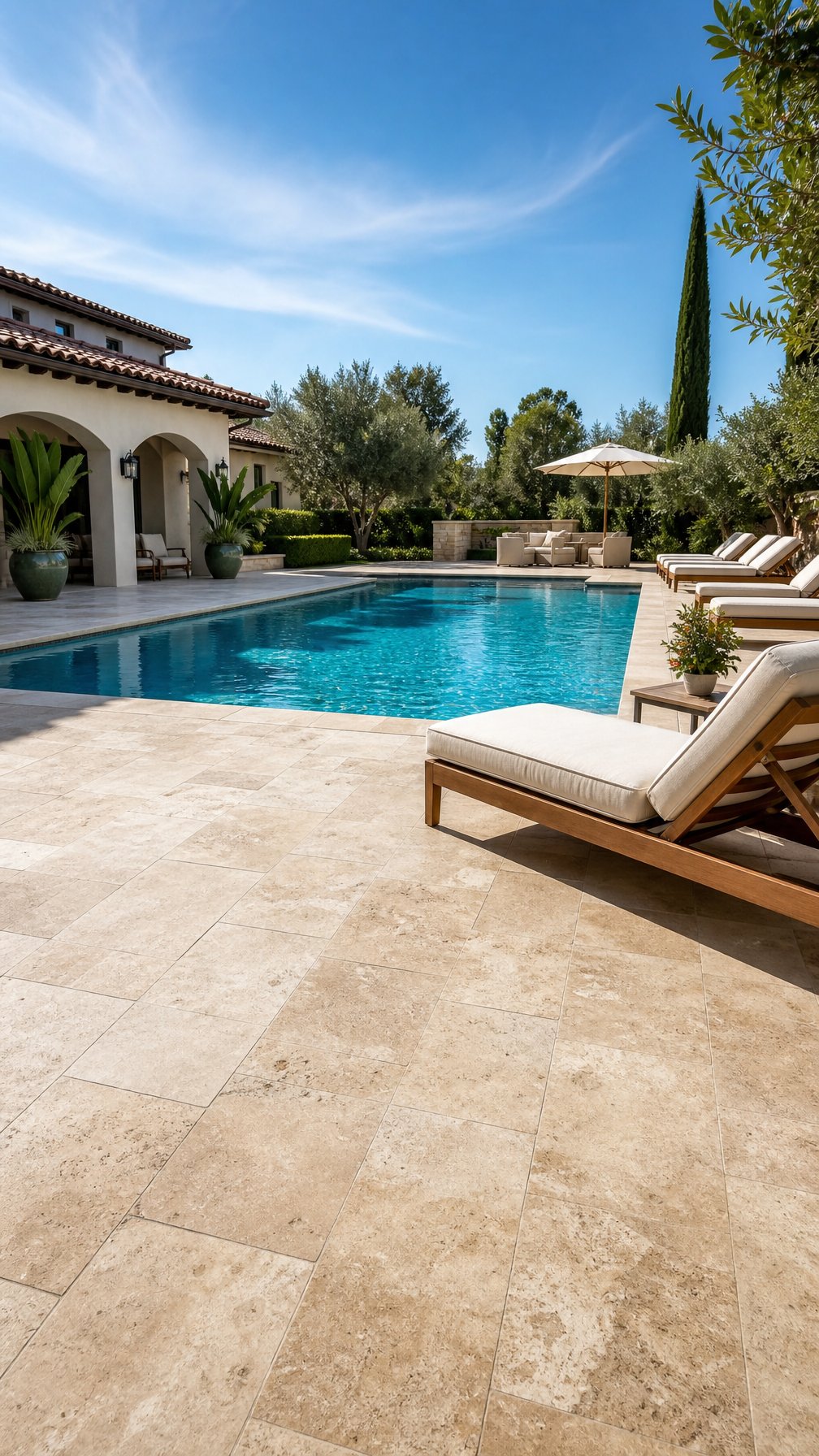 Outdoor swimming pool with a light beige travertine stone deck, lounge chairs, and green plants under a clear sunny sky.