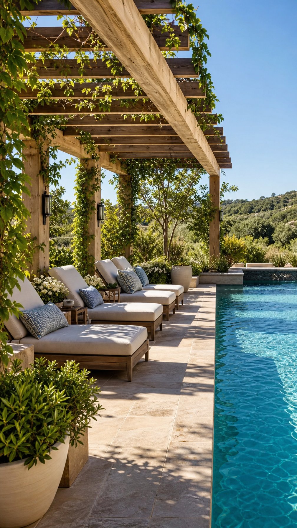 Outdoor pool area with chaise lounges under a wooden pergola surrounded by plants and clear blue sky.