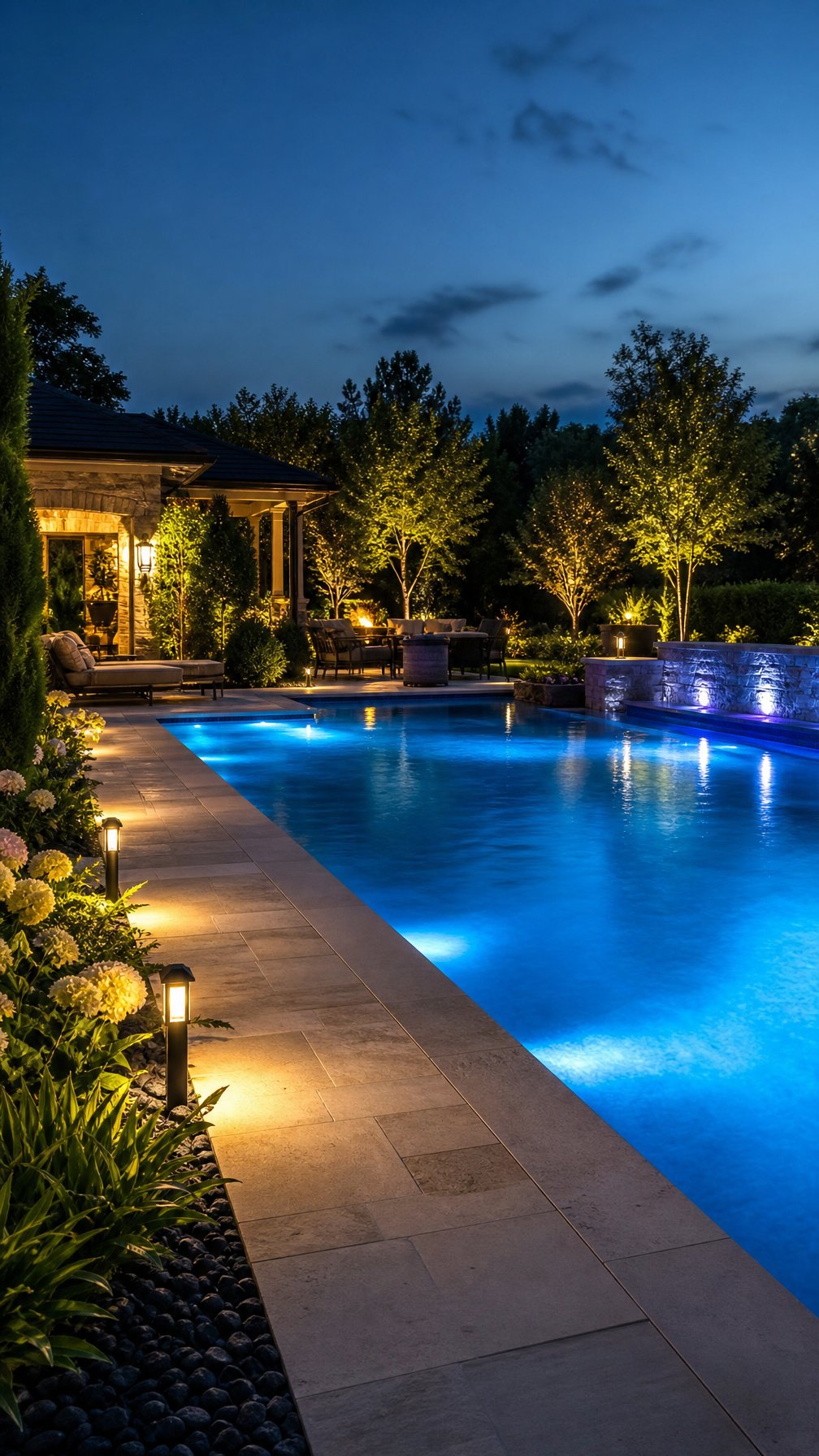 Outdoor pool area at dusk with underwater LED lights and path lighting illuminating the pool and surrounding deck.