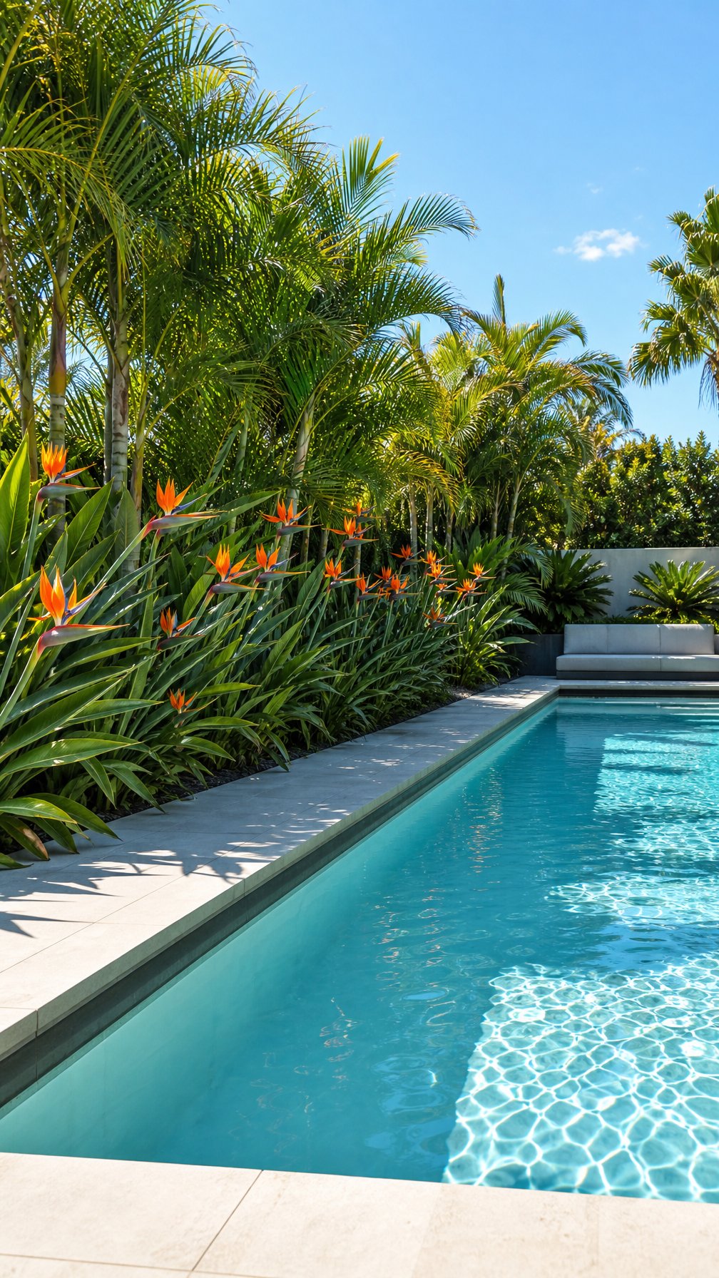 Outdoor pool area bordered by tall palm trees and colorful Bird of Paradise plants with clear water and a modern deck.