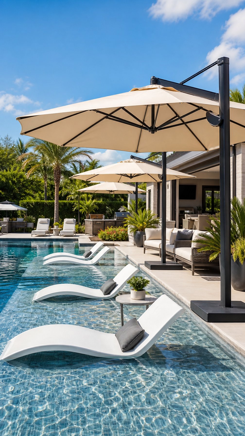 Outdoor pool area with cantilever umbrellas shading in-pool and poolside seating surrounded by greenery.
