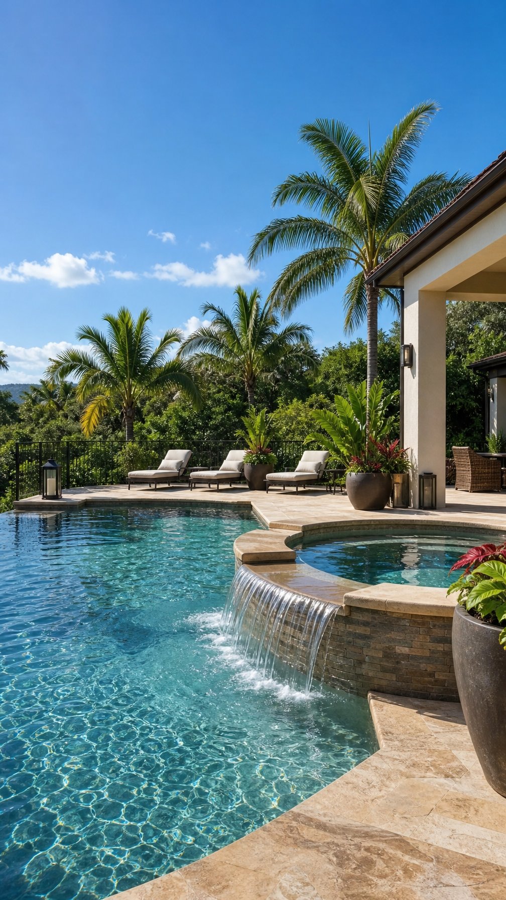 Outdoor swimming pool area with a main pool connected to a smaller spillover spa surrounded by lounge chairs and tropical plants.