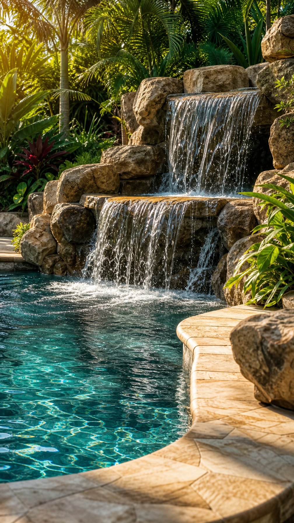 Outdoor swimming pool with a rock waterfall and natural stone edges surrounded by green plants.