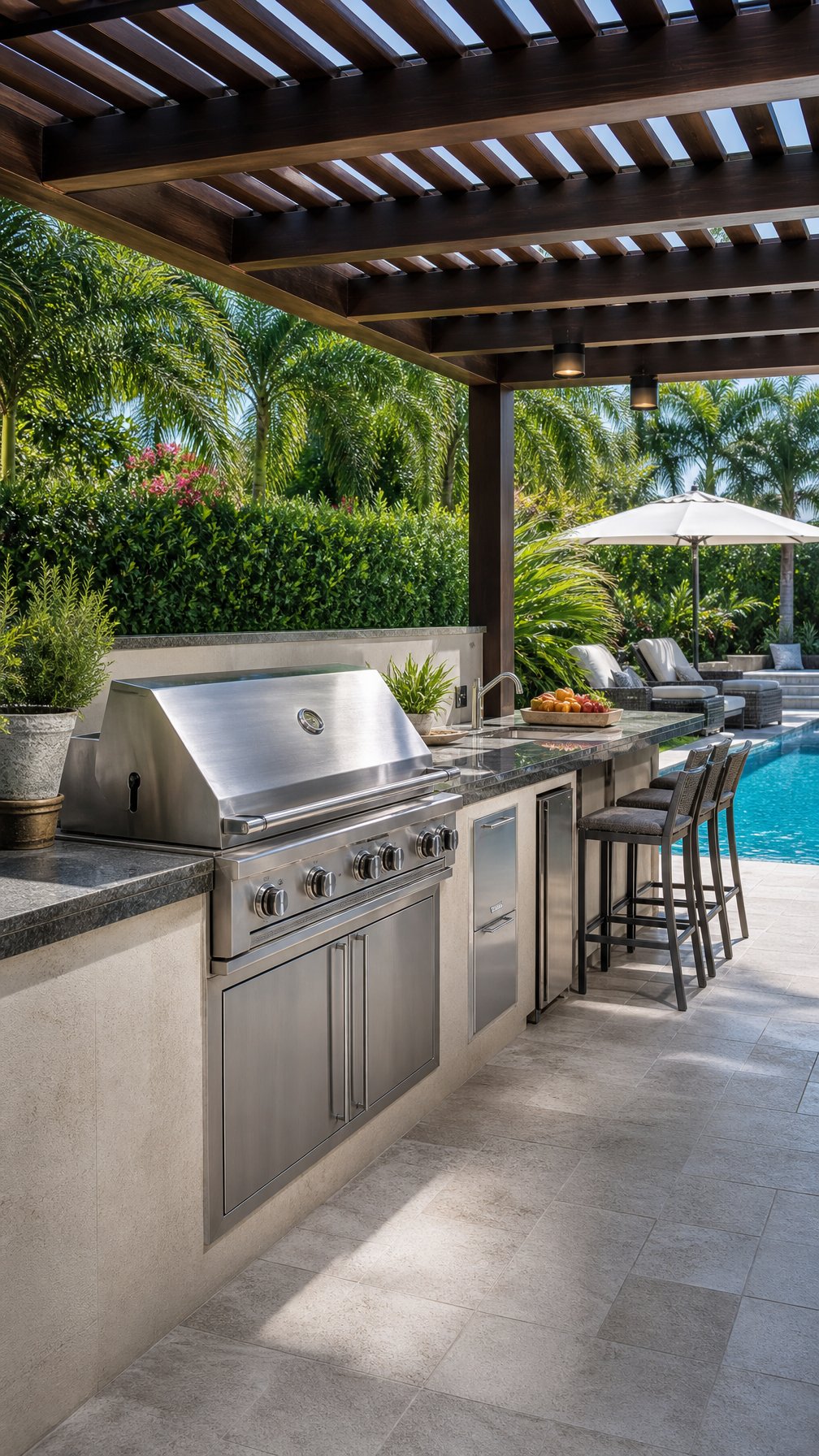 Outdoor kitchen with built-in grill next to a swimming pool surrounded by seating and plants.
