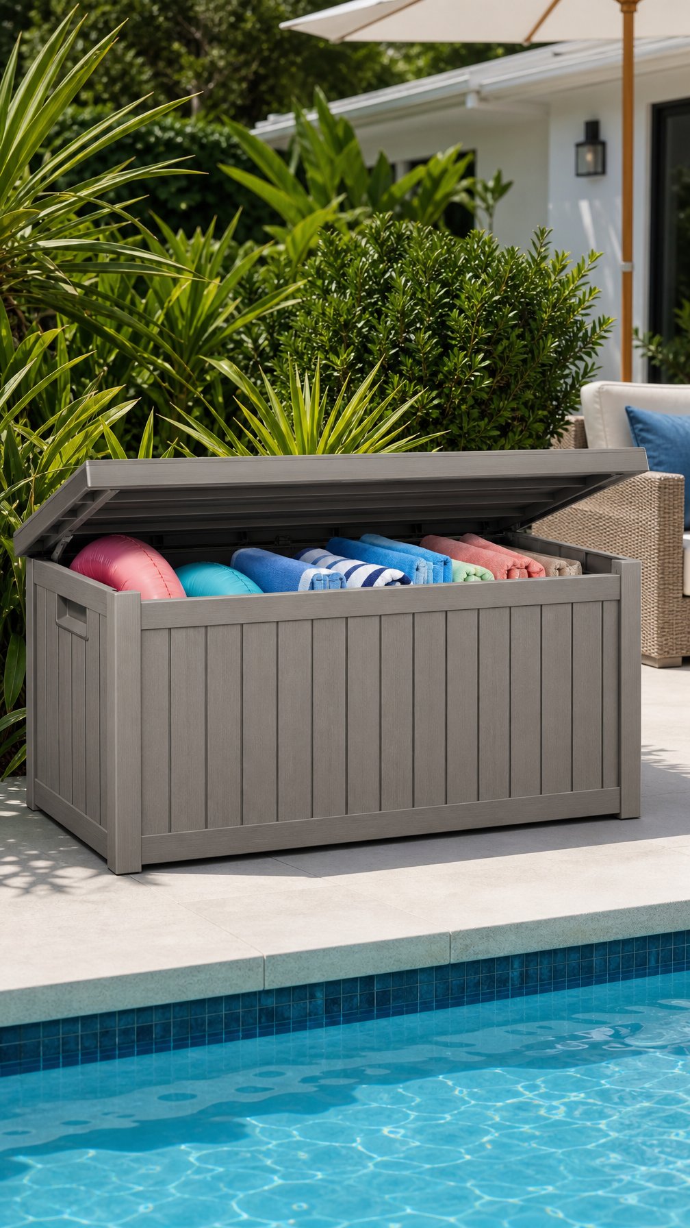 Outdoor pool area with a weatherproof storage bench holding towels and inflatable pool floats near a clear blue pool.