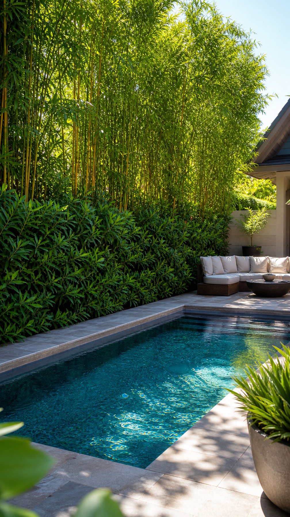Outdoor pool area with a privacy screen made of bamboo and Podocarpus plants surrounding the pool.