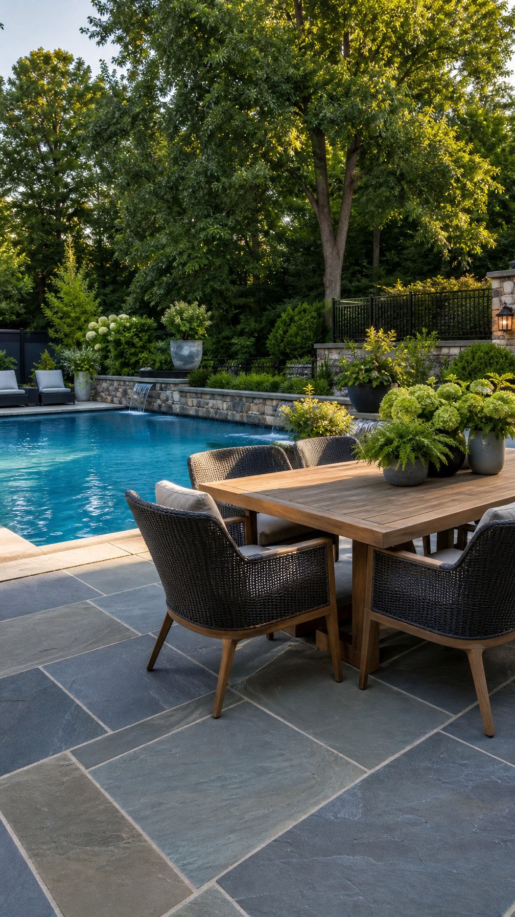 Outdoor pool area with a bluestone paver dining patio next to a clear swimming pool surrounded by plants.