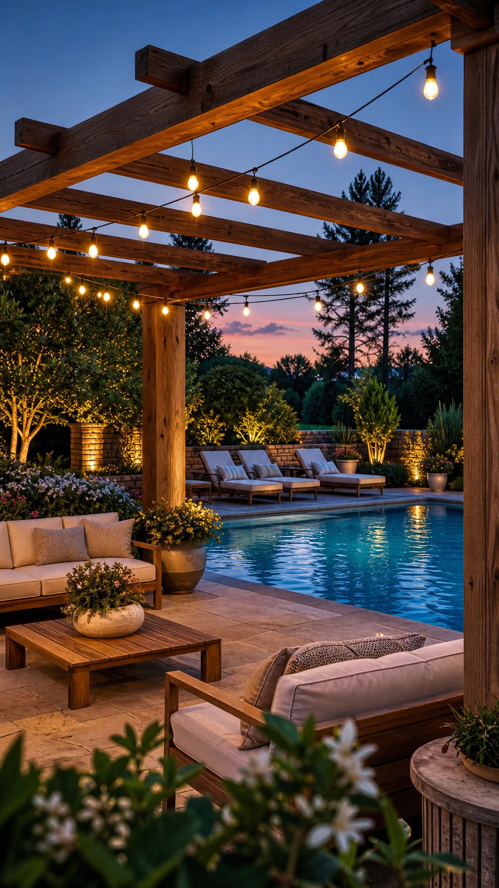 Outdoor pool area with string lights hanging between wooden pergola posts, surrounded by plants and outdoor furniture.