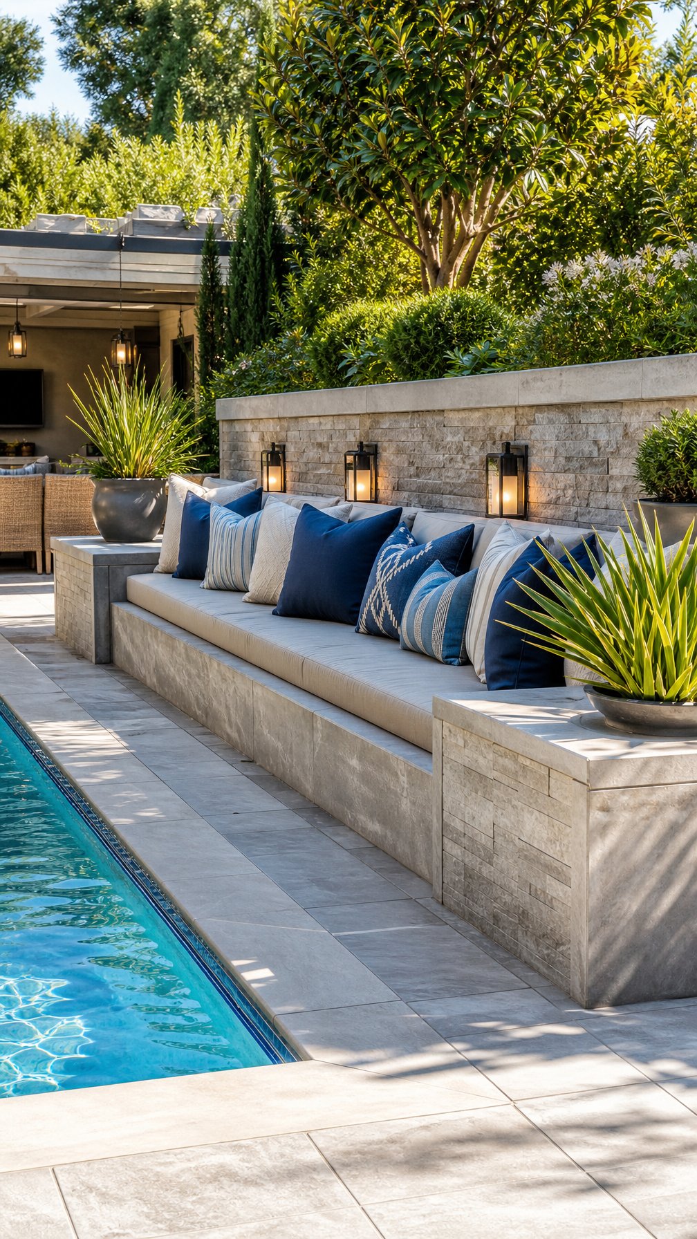 Outdoor pool area with built-in bench seating featuring colorful cushions next to a clear swimming pool.